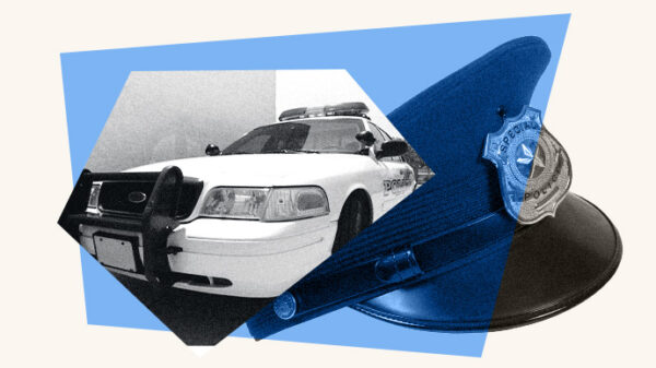 Collage with an image of a police car and a police officer's hat.