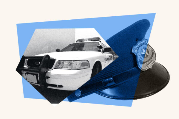 Collage with an image of a police car and a police officer's hat.