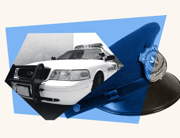 Collage with an image of a police car and a police officer's hat.