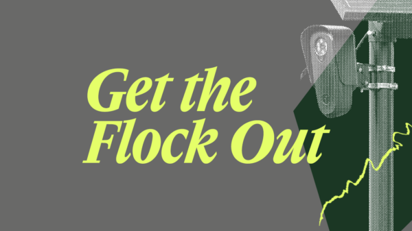 Get the Flock Out text with an image of an automatic license plate reader.