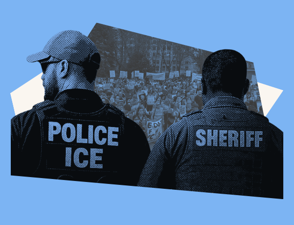 Police and ICE officers with protest image in the background.