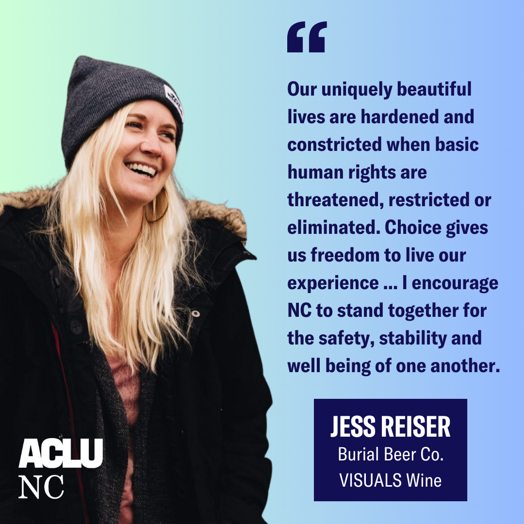 Photo of Jess Reiser of Burial Beer Co. and VISUALS Wine with a quote on why she supports reproductive freedom and LGBTQ+ rights.