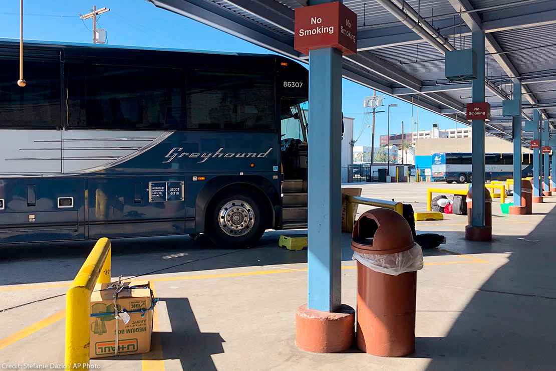A Greyhound bus parked at a Los Angeles Greyhound bus station. Greyhound has denied the Customs and Border Protection (CBP) officers access to buses to conduct warrantless searches.
