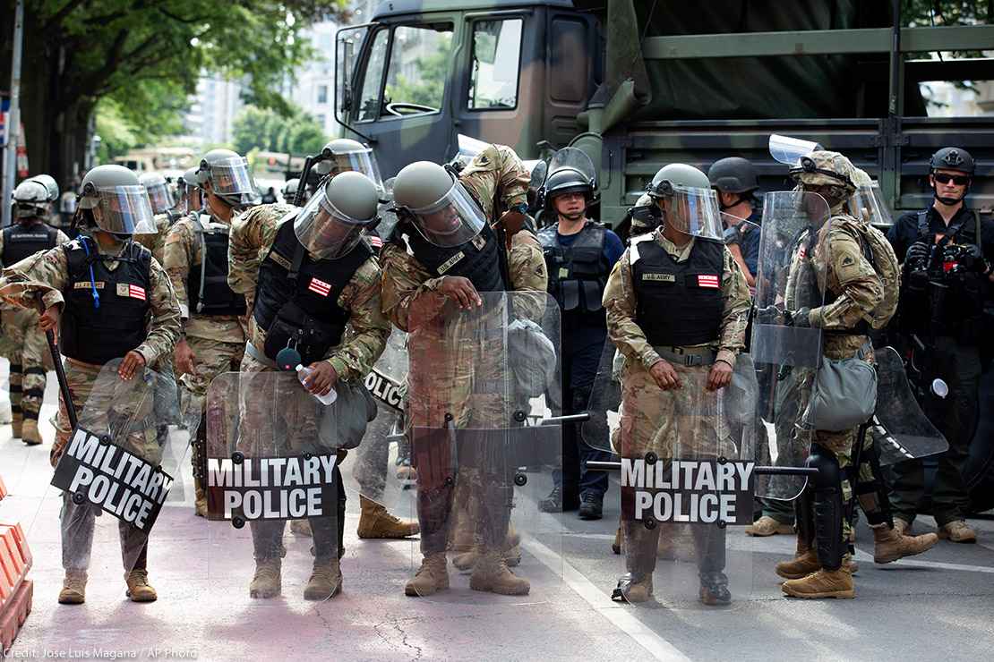 Military police secure a perimeter near to the White House, Wednesday, June 3, 2020 in Washington, during a protest over the death of George Floyd