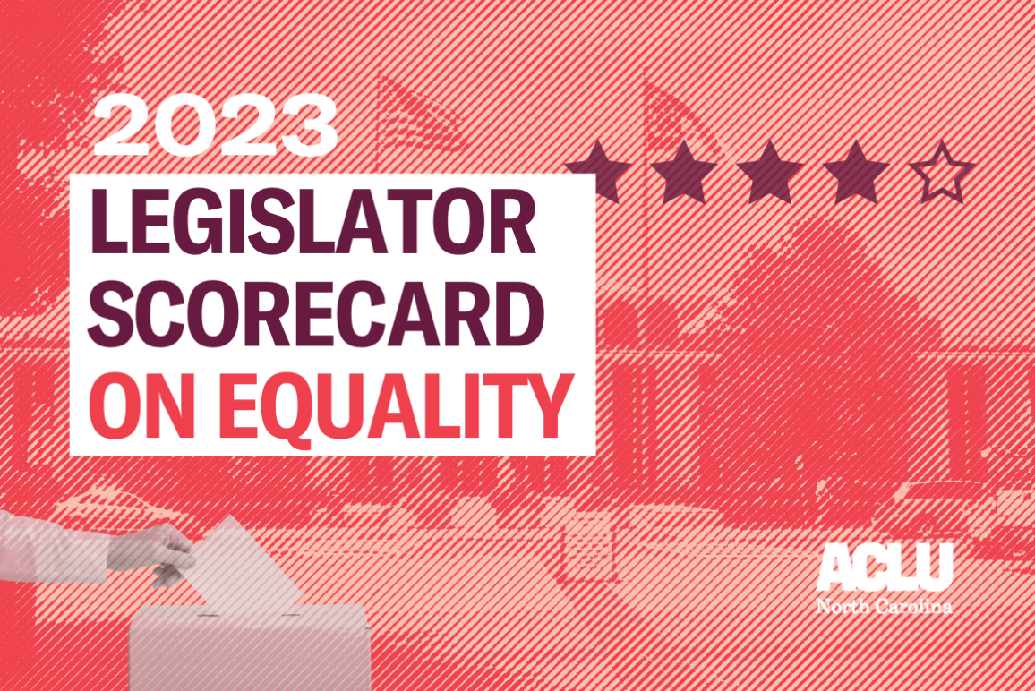 Background: photo of the NC legislature building, Text: 2023 legislator scorecard on equality