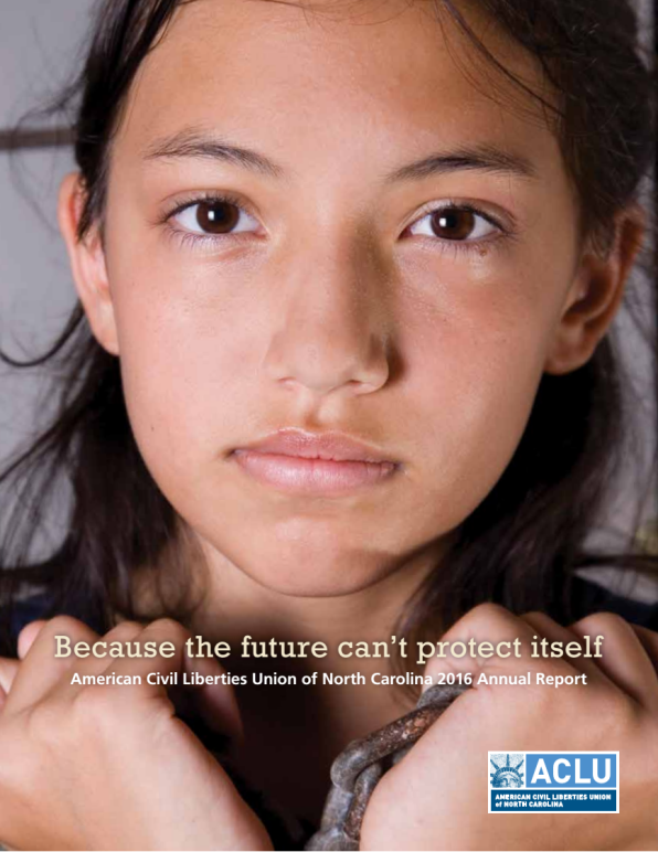 Photo of young girl in handcuffs with the subtitle: "Because the future can't protect itself"