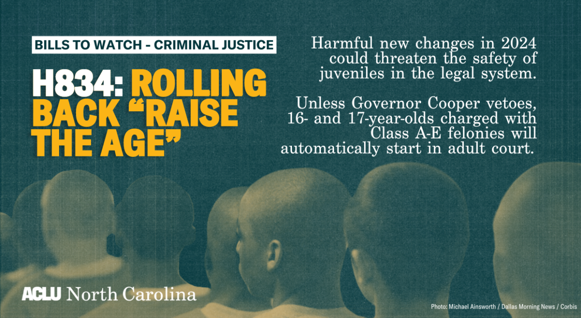 Green graphic with a description of HB 834, which would make harmful changes to the safety of juveniles in the legal system.