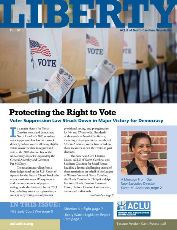 Cover of the newsletter with a featured article on protecting voting rights