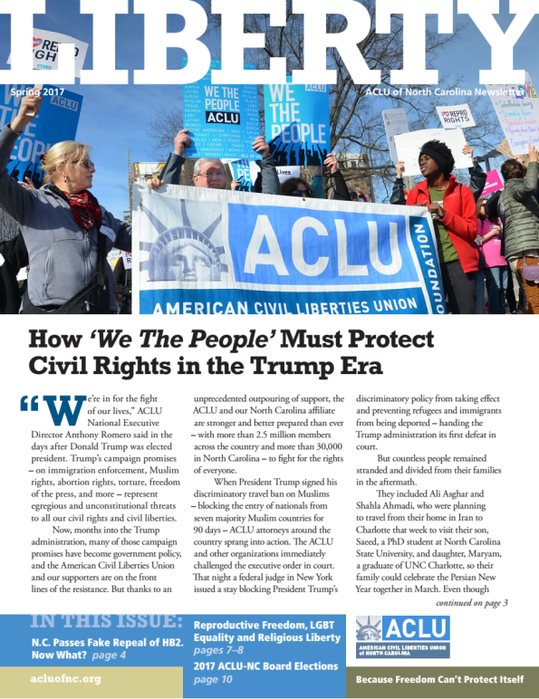 Cover of the newsletter with a featured article on protecting civil rights in the Trump era