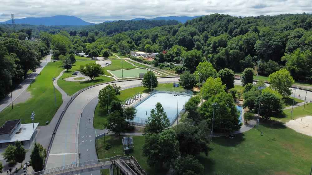 Arial shot of an Asheville park