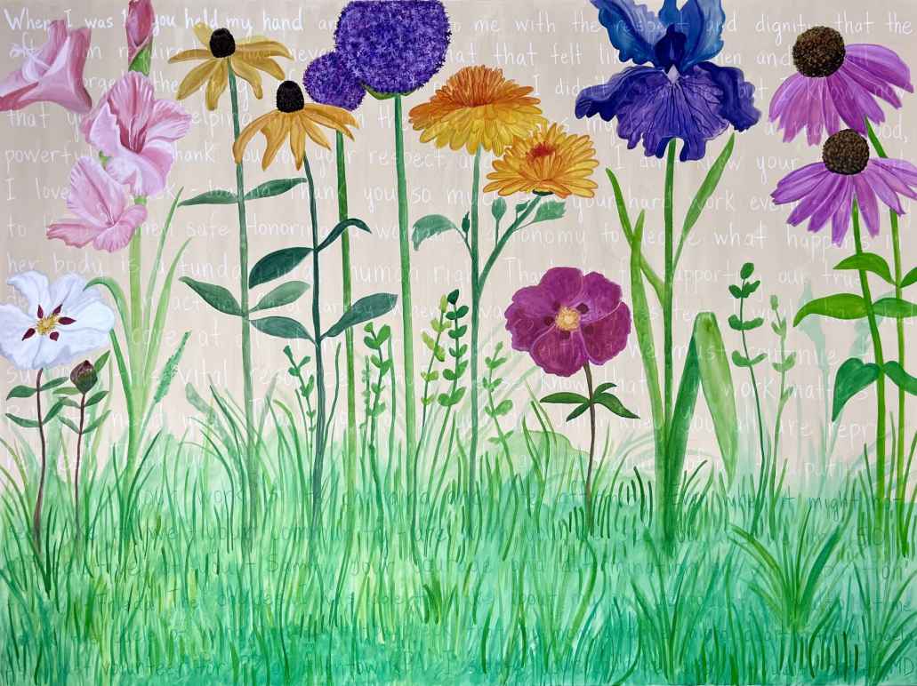 Painting of flowers with messages behind them, not readable in this format