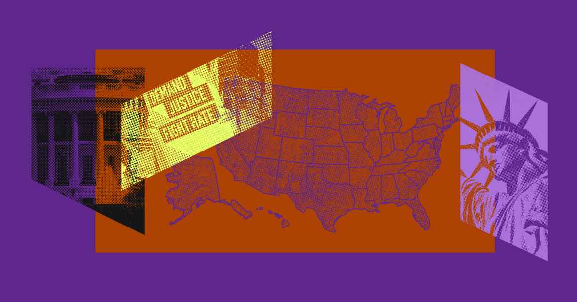 Collection of images: US map, Statue of Liberty, protest sign, capitol building