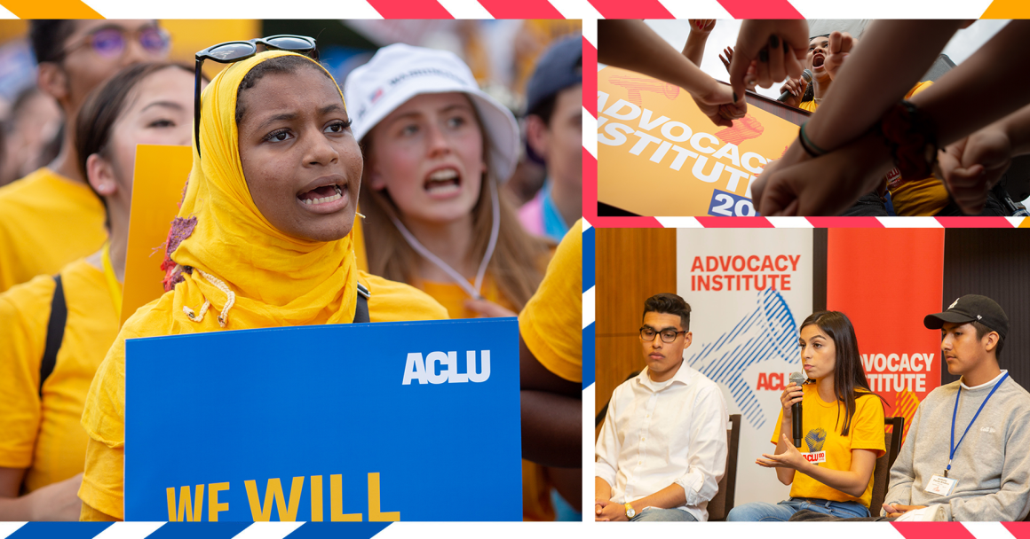 Photos of youth participants in the Summer Advocacy Institute against a colorful geographic background