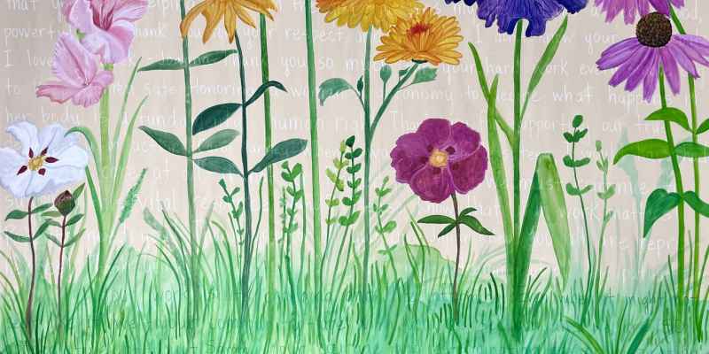 Painting of flowers with messages behind them, not readable in this format