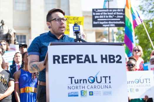 Joaquin Carcano speaks at rally against HB2 Joaquin Carcano HB2 LGBT LGBTQ trans transgender North Carolina