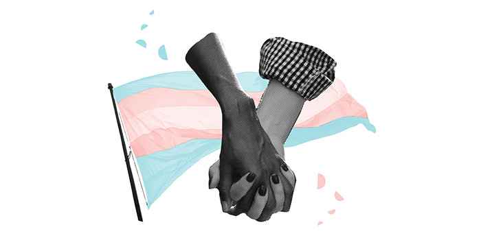 Two arms holding hands in front of the trans pride flag