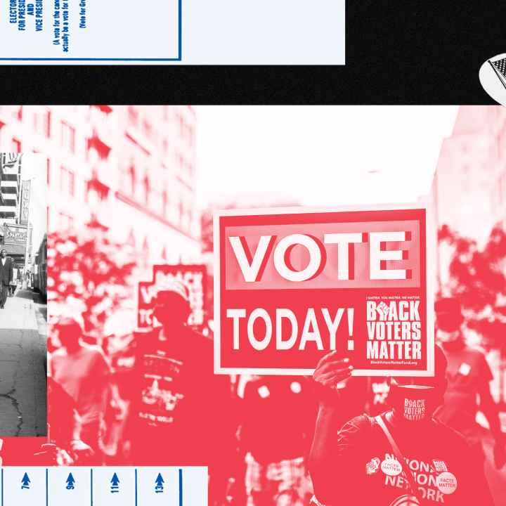 A colorful collage of images related to voting rights activism.