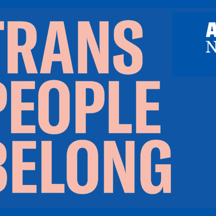 Blue graphic with pink text that says "Trans People Belong" with the ACLU-NC logo