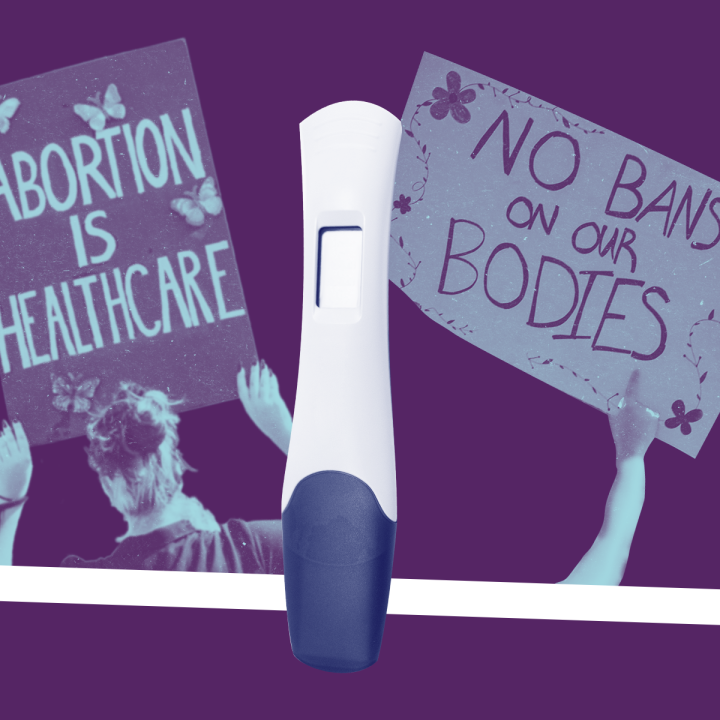 Purple graphic showing two pro-abortion signs and a pregnancy test