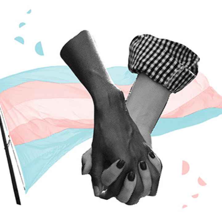 Two arms holding hands in front of the trans pride flag