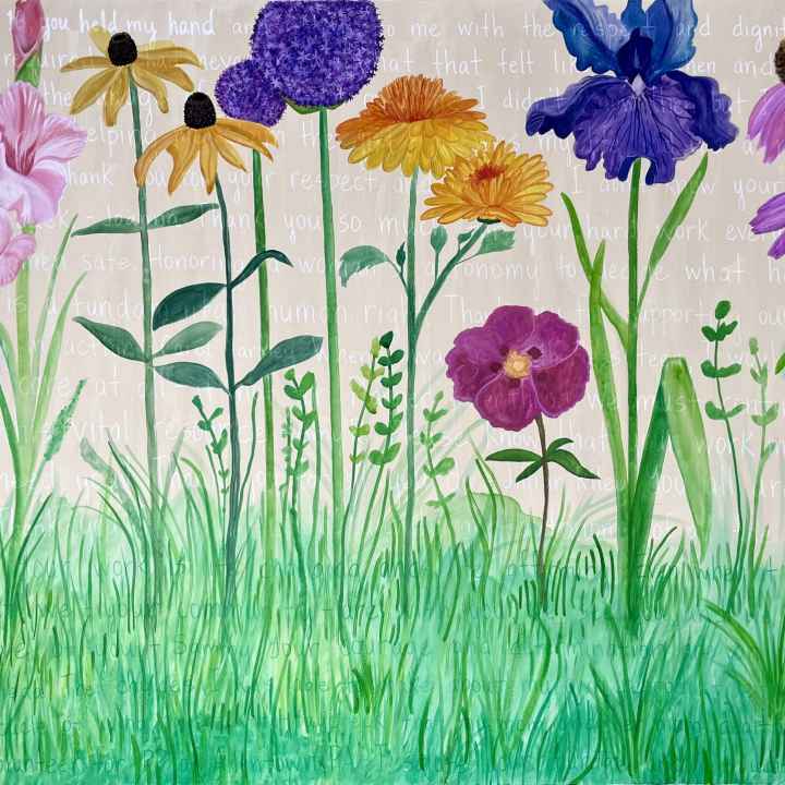 Painting of flowers with messages behind them, not readable in this format